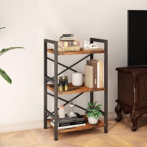 3 Tier Industrial Bookcase Metal Wood Rustic Brown - Image 2
