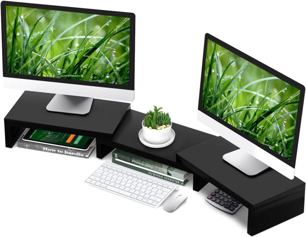 Dual Monitor Stand Wooden Adjustable Black